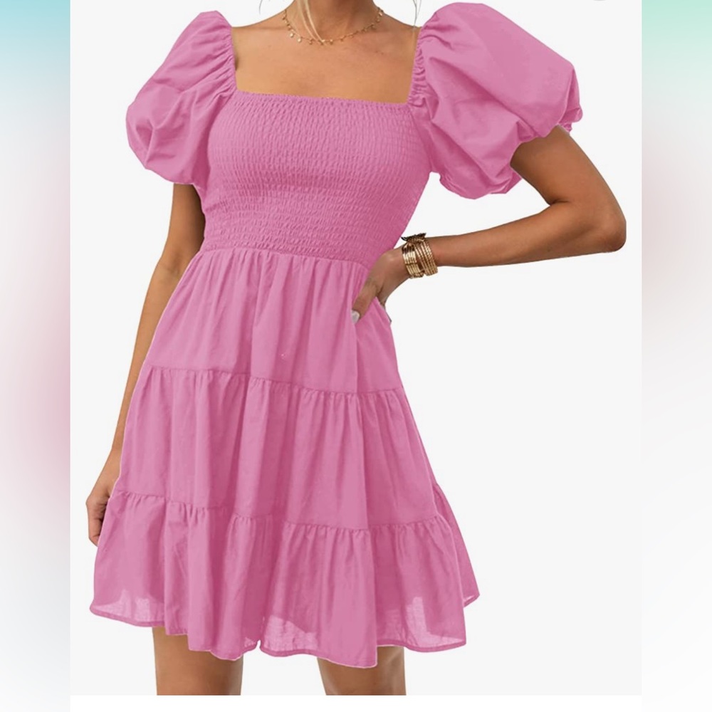 NWT ZESICA Boho Square Neck Puff Sleeve Off Shoulder Tiered Casual Shor…